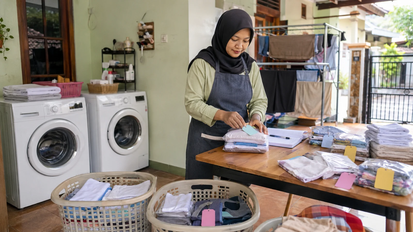 Pemilik laundry rumahan memberi label pada cucian pelanggan