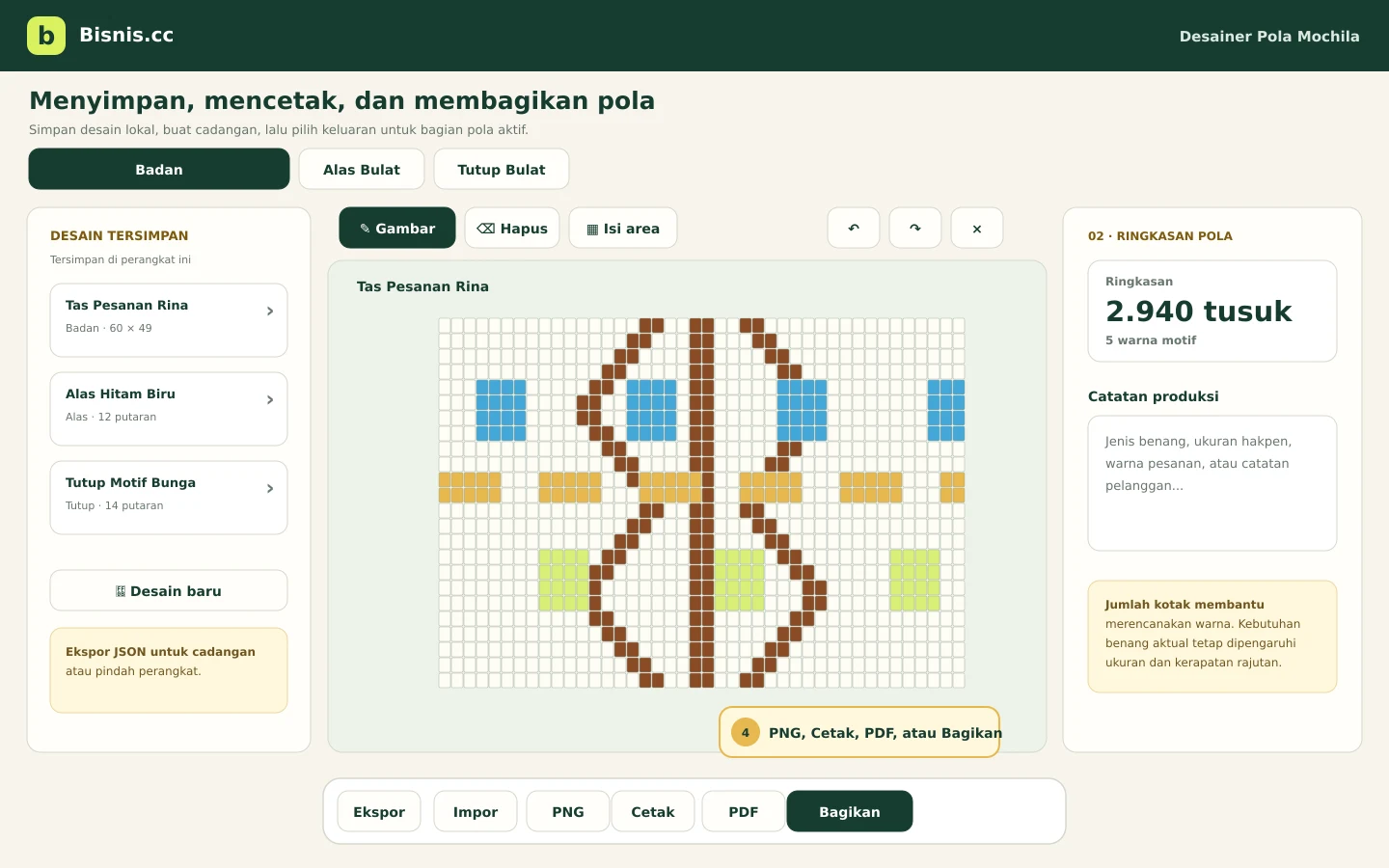 Daftar desain tersimpan serta tombol Ekspor, Impor, PNG, Cetak, PDF, dan Bagikan